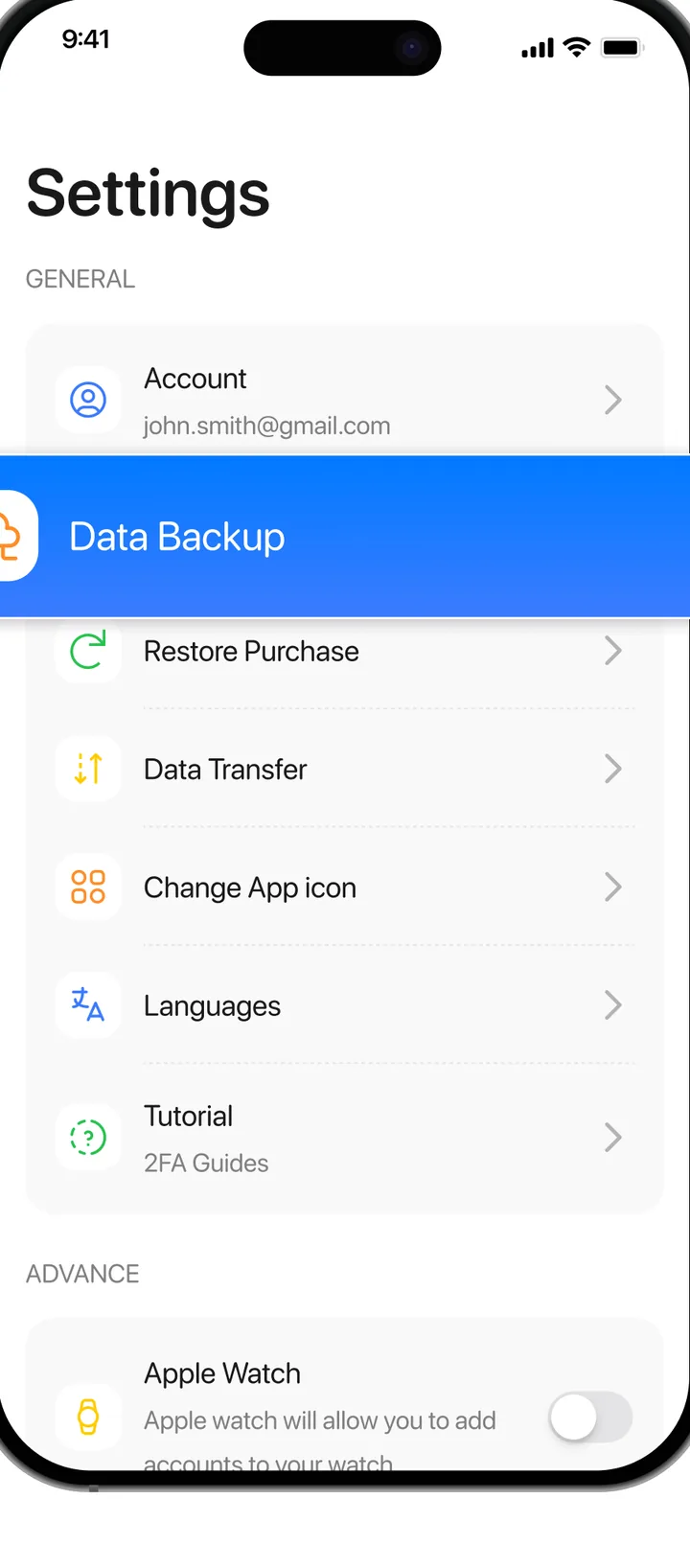 Settings screen with Data Backup highlighted