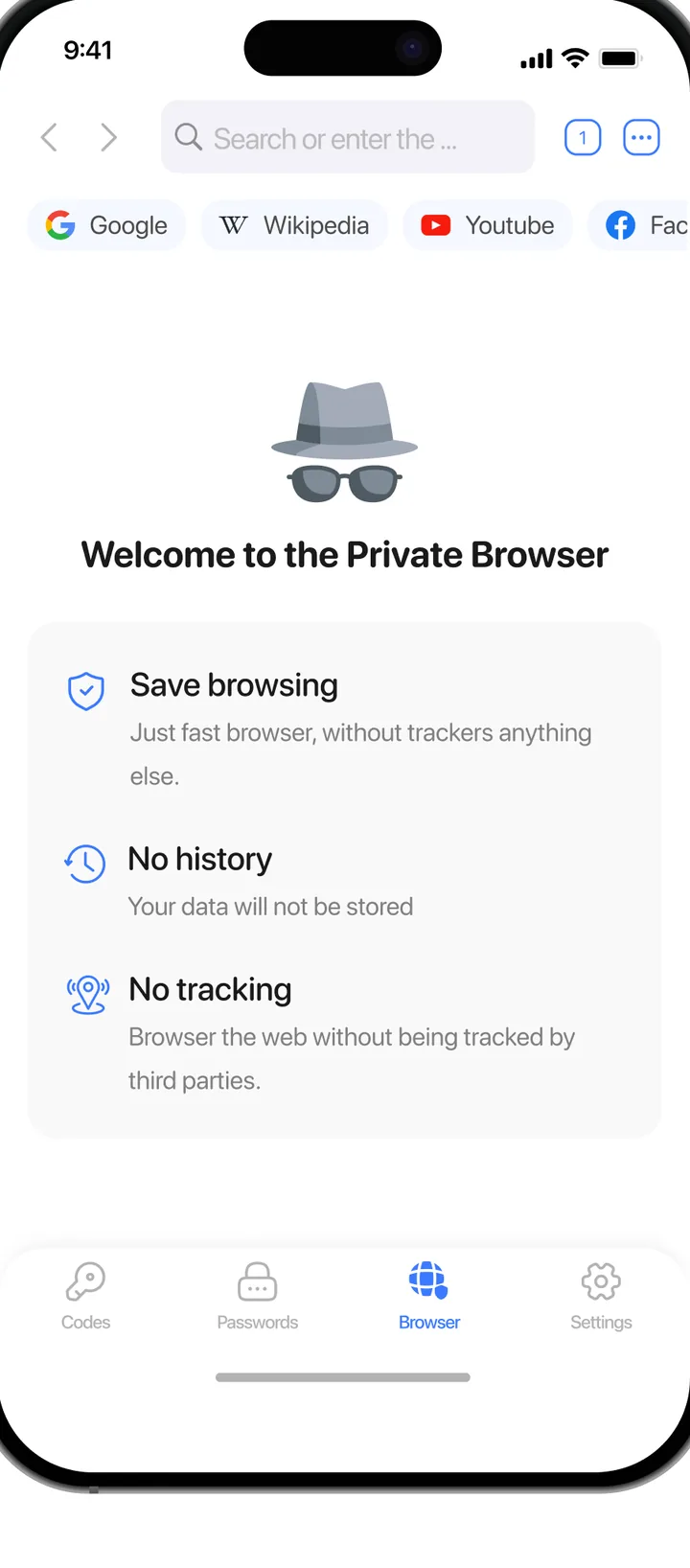 Private browser welcome screen